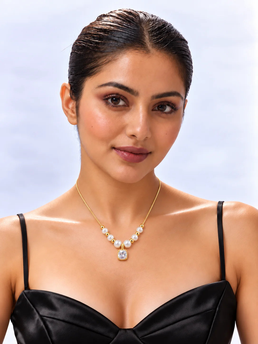 Gold Pearl Necklace with Cushion Gemstone