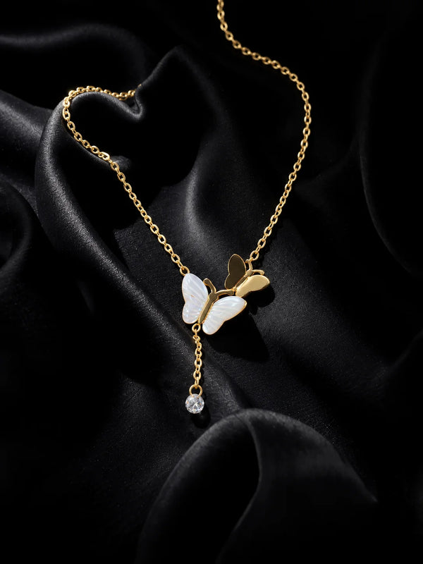 Twin Butterfly Gold Necklace with Crystal