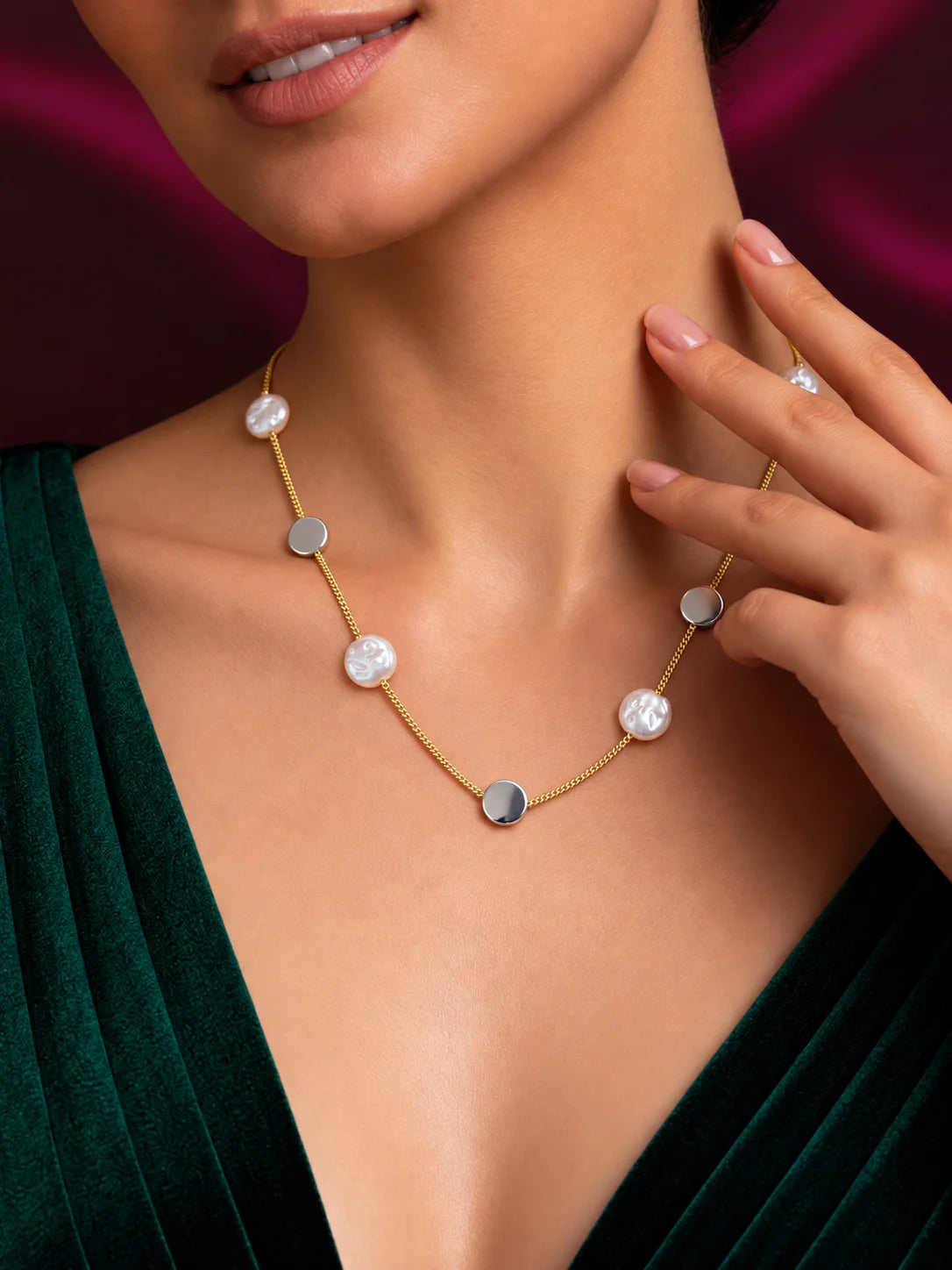 Seven-Station Pearl and Silver Necklace