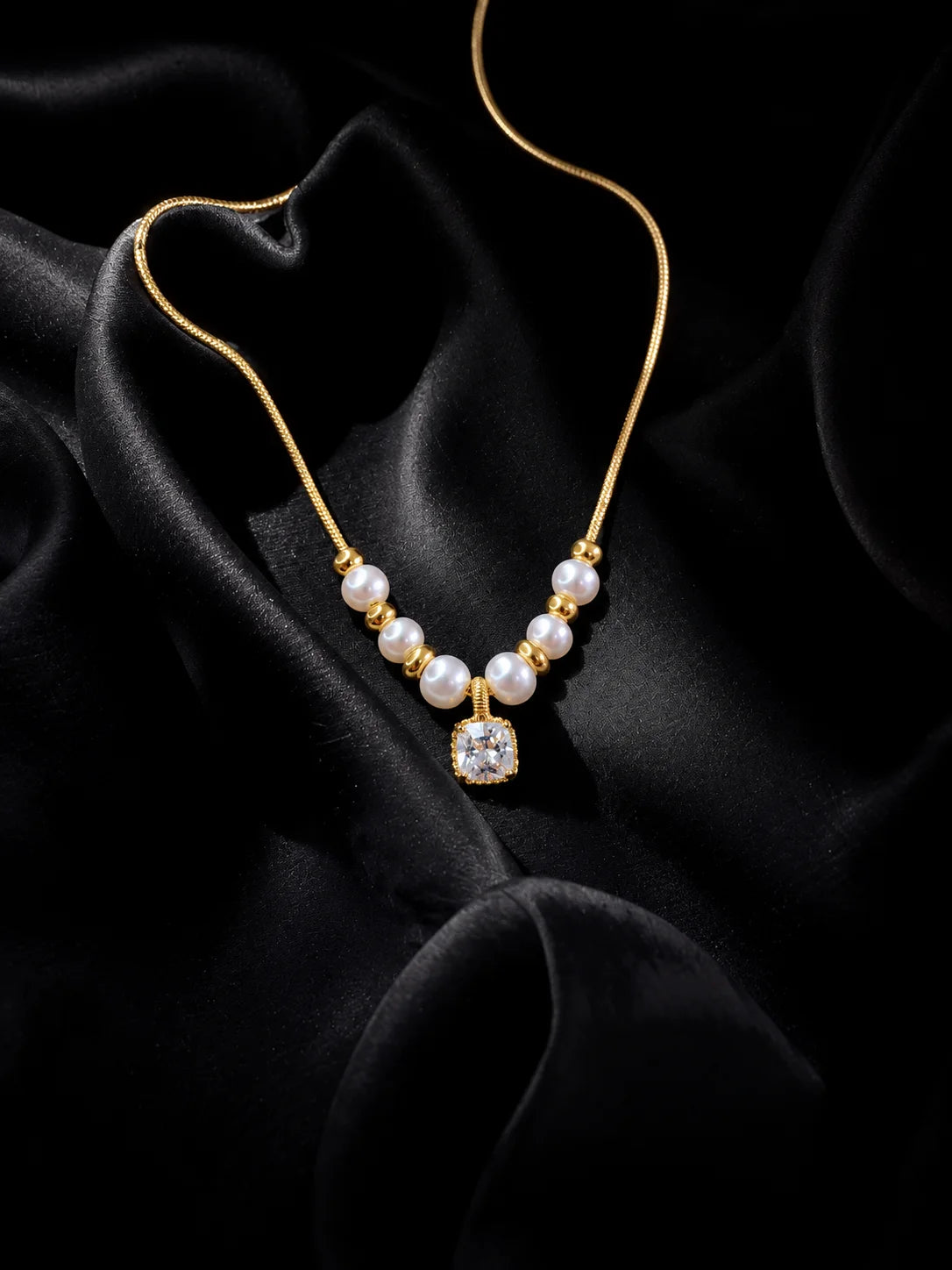 Gold Pearl Necklace with Cushion Gemstone