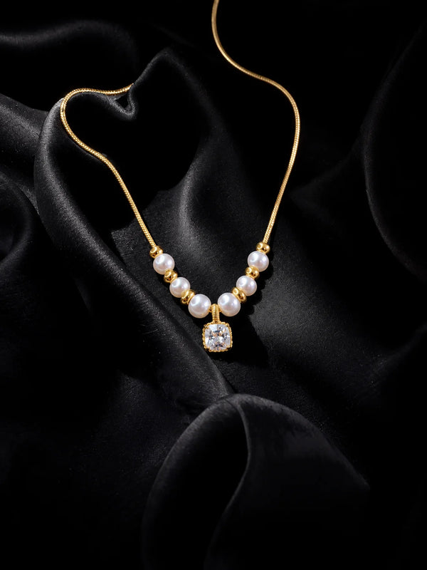 Gold Pearl Necklace with Cushion Gemstone