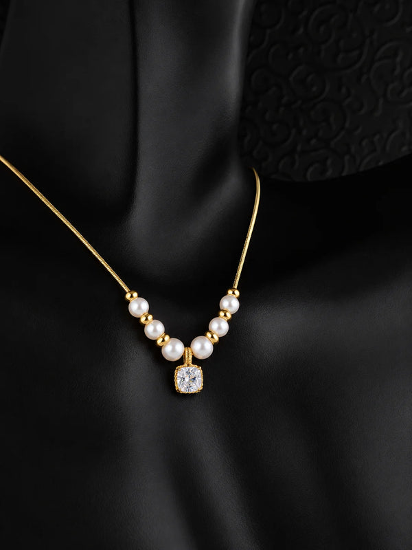 Gold Pearl Necklace with Cushion Gemstone