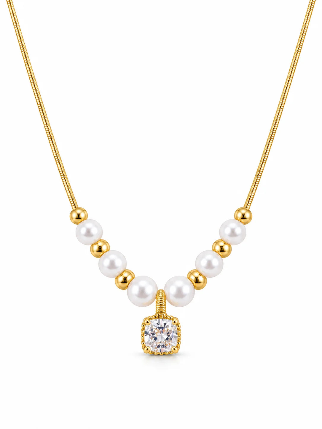 Gold Pearl Necklace with Cushion Gemstone