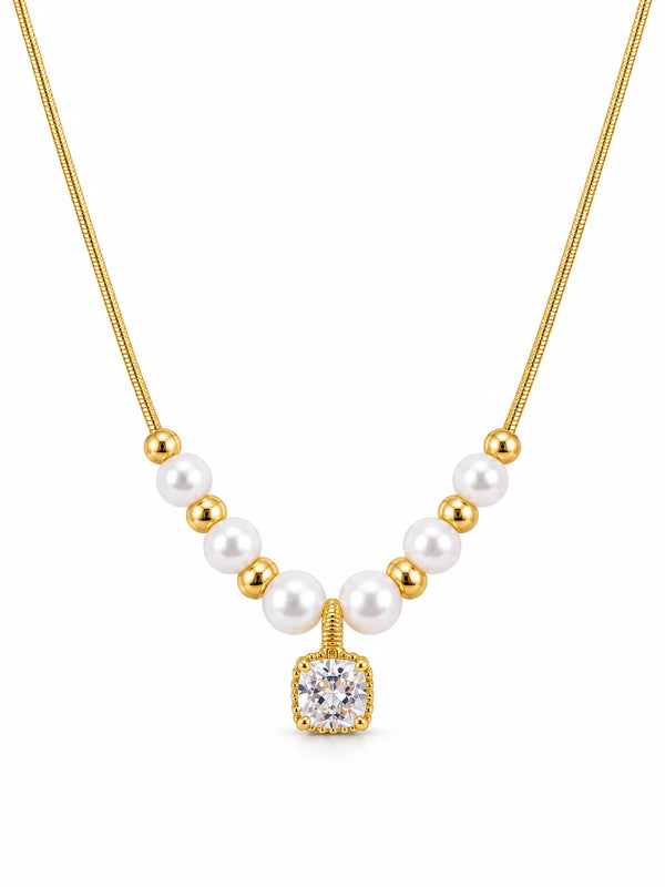 Gold Pearl Necklace with Cushion Gemstone