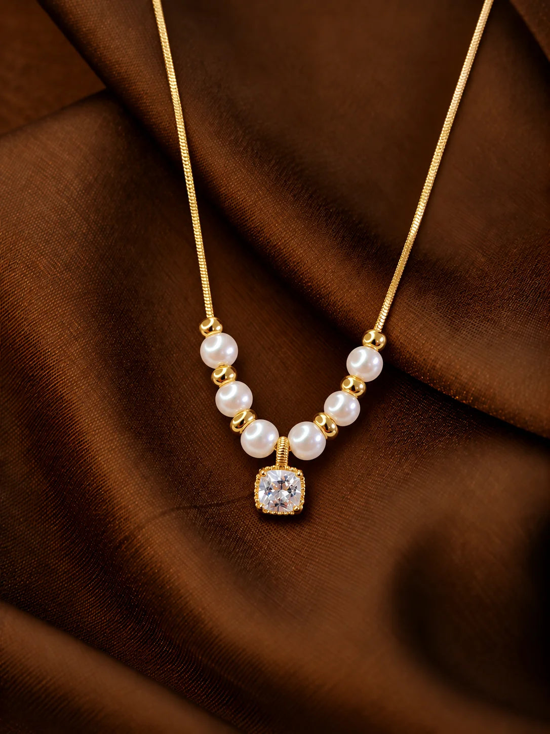 Gold Pearl Necklace with Cushion Gemstone