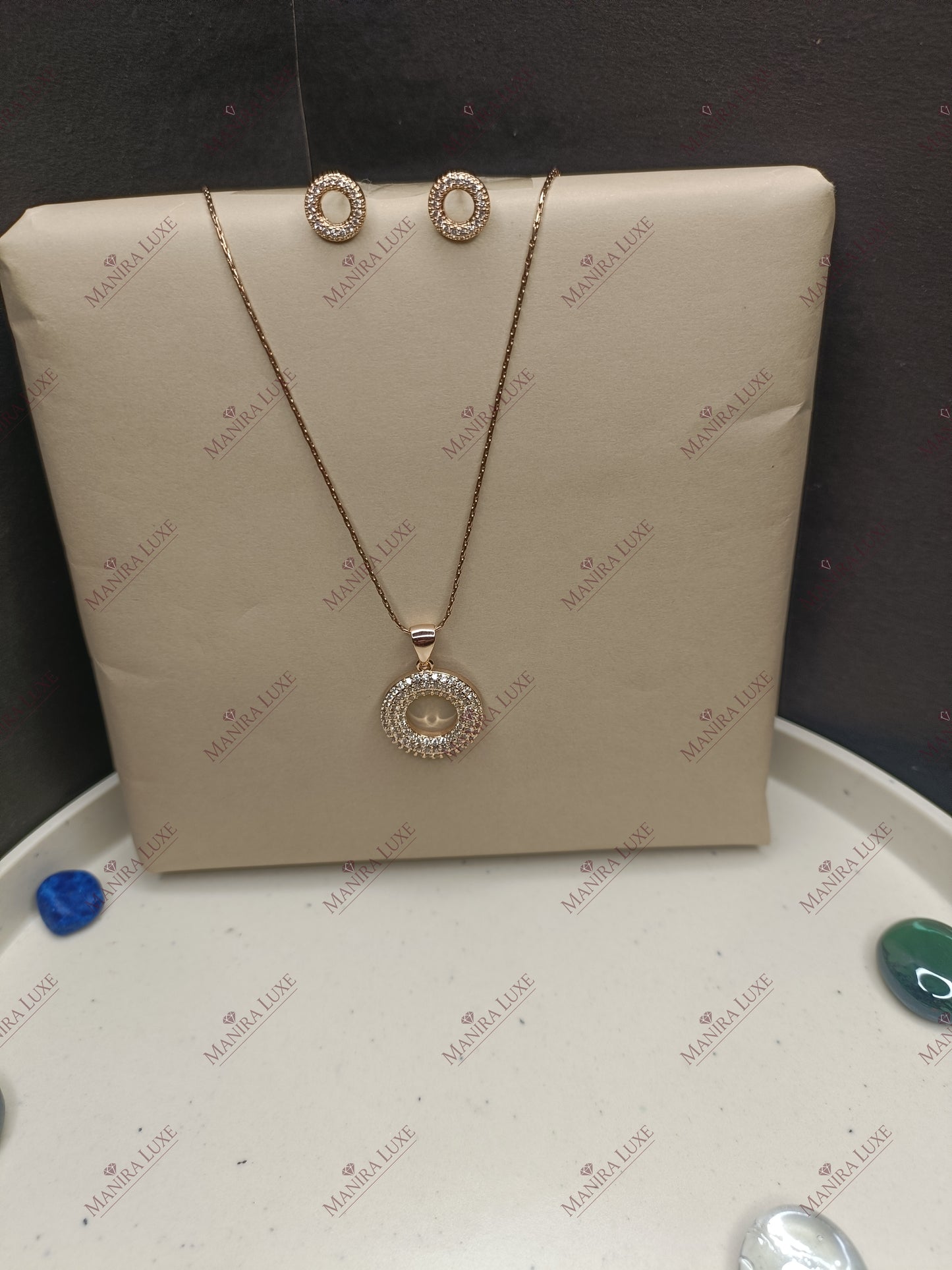 CIRCLE OF SPARKLE ROSE GOLD NECKLACE WITH EARRINGS