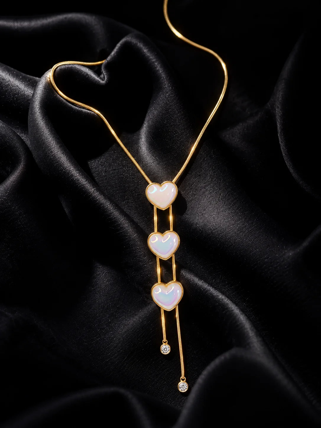 Iridescent Triple-Heart Gold Necklace