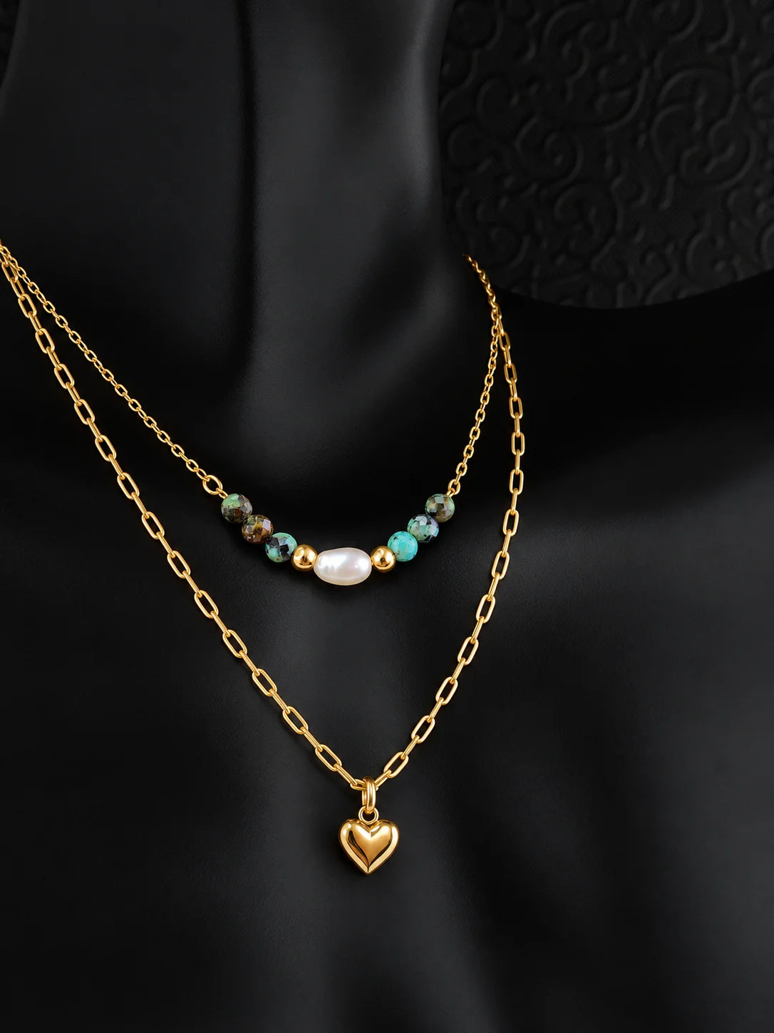 Layered Gold Necklace with Pearl and Heart