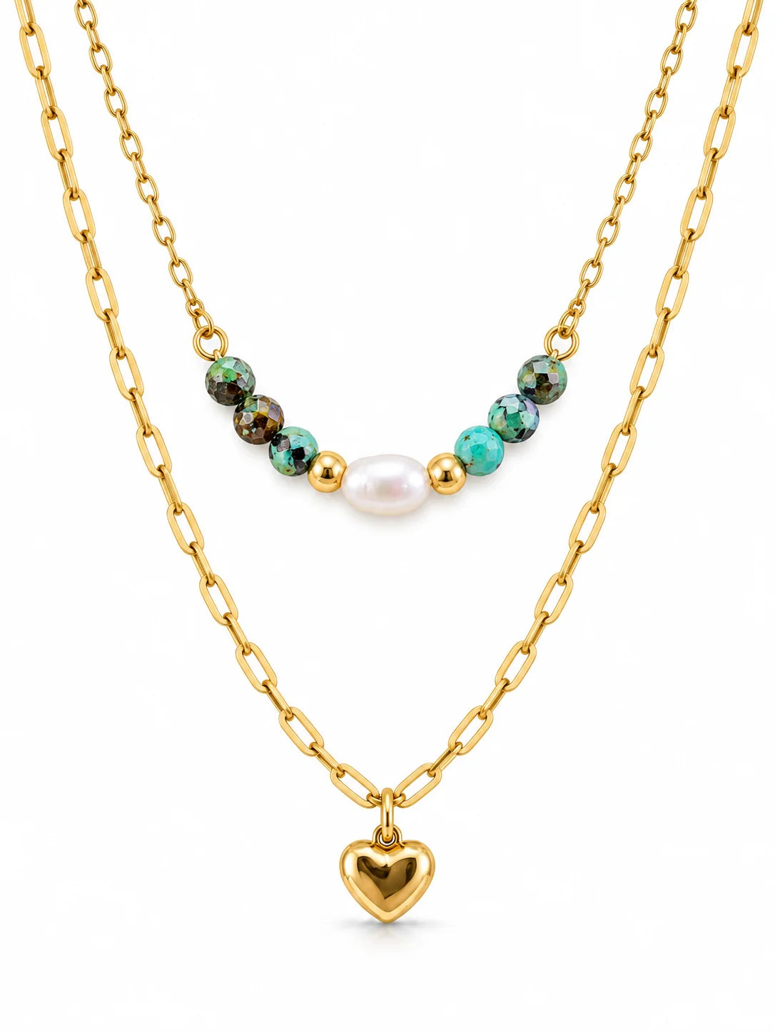 Layered Gold Necklace with Pearl and Heart