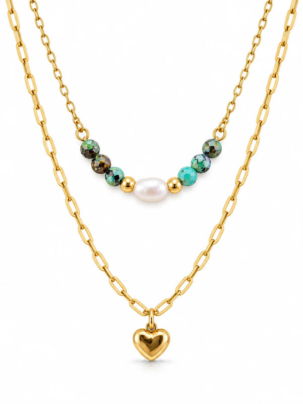 Layered Gold Necklace with Pearl and Heart