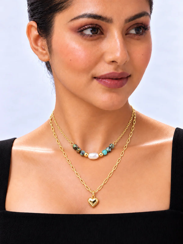 Layered Gold Necklace with Pearl and Heart