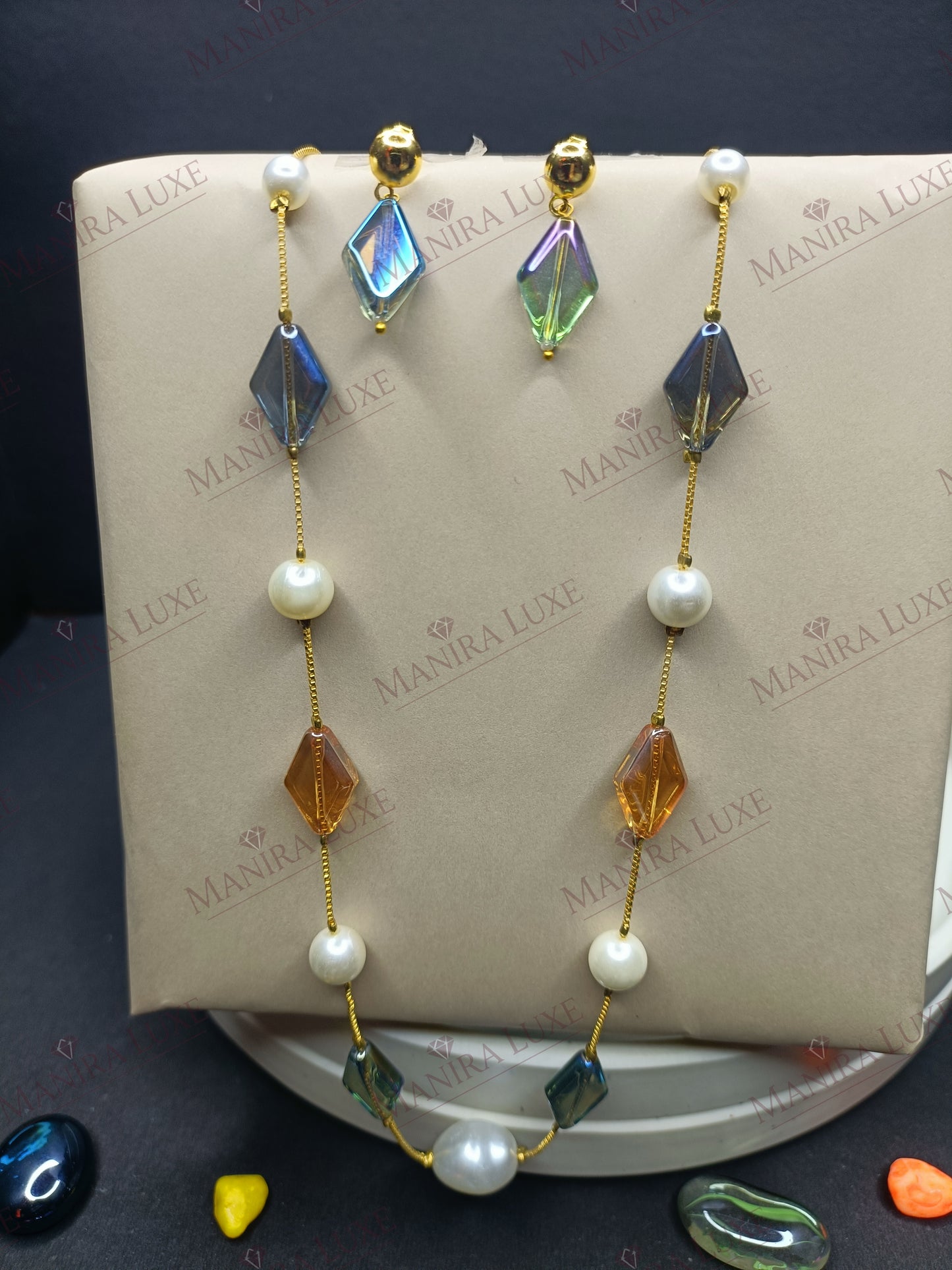 COASTAL MOSAIC COMBO SET GOLD EARRINGS & NECKLACE