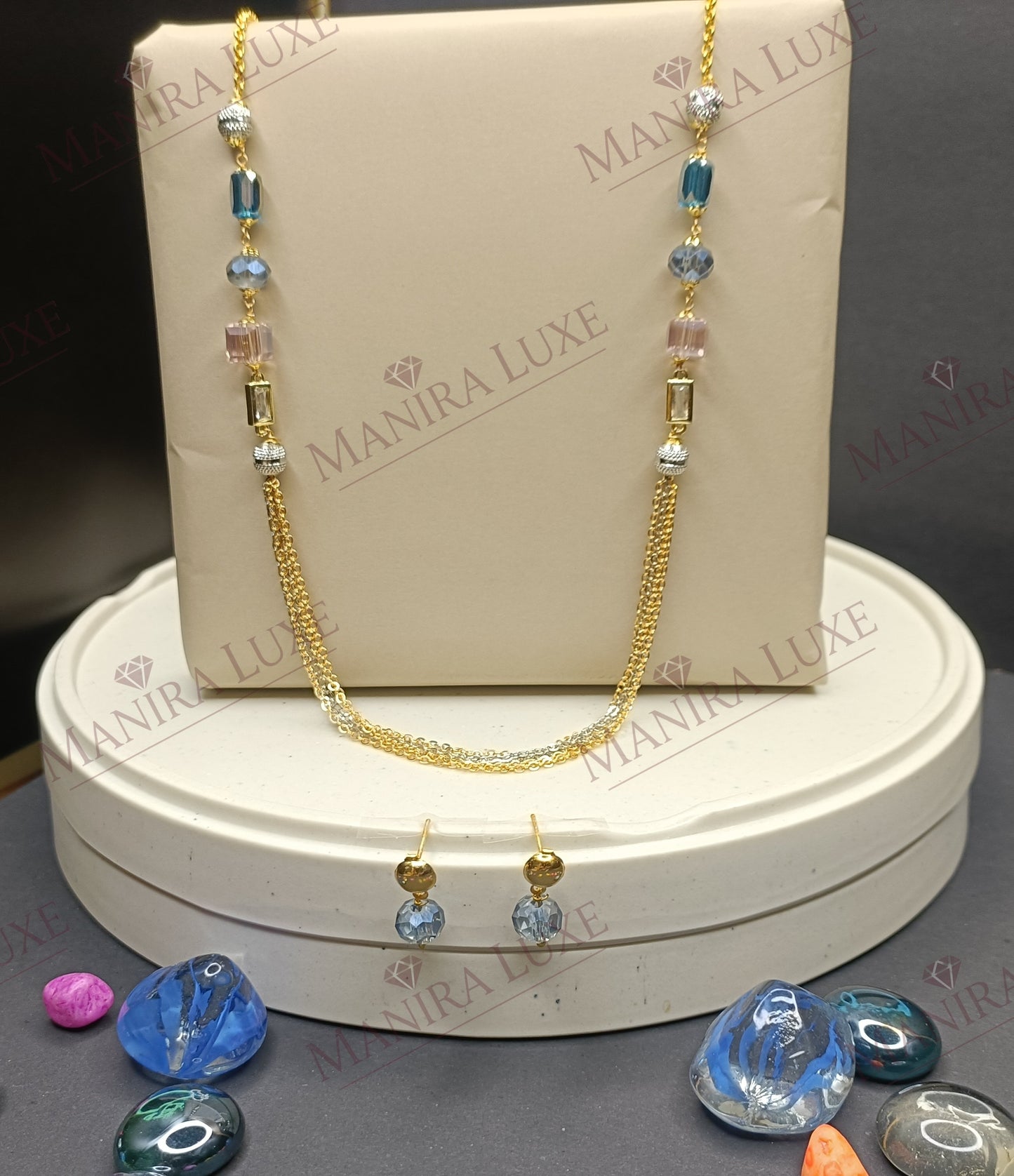 CELESTIAL TASSEL LARIAT COMBO SET GOLD EARRINGS & DUAL CHAIN NECKLACE