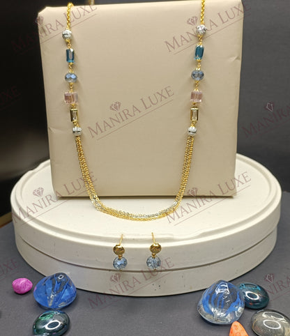 CELESTIAL TASSEL LARIAT COMBO SET GOLD EARRINGS & DUAL CHAIN NECKLACE