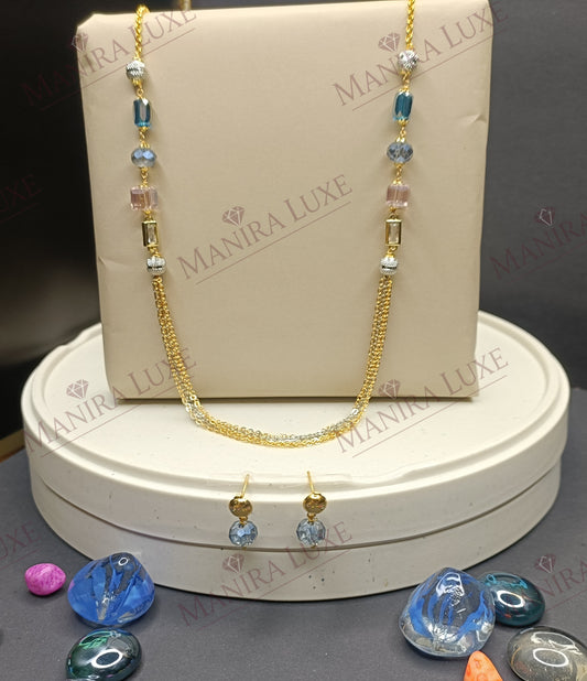 CELESTIAL TASSEL LARIAT COMBO SET GOLD EARRINGS & DUAL CHAIN NECKLACE