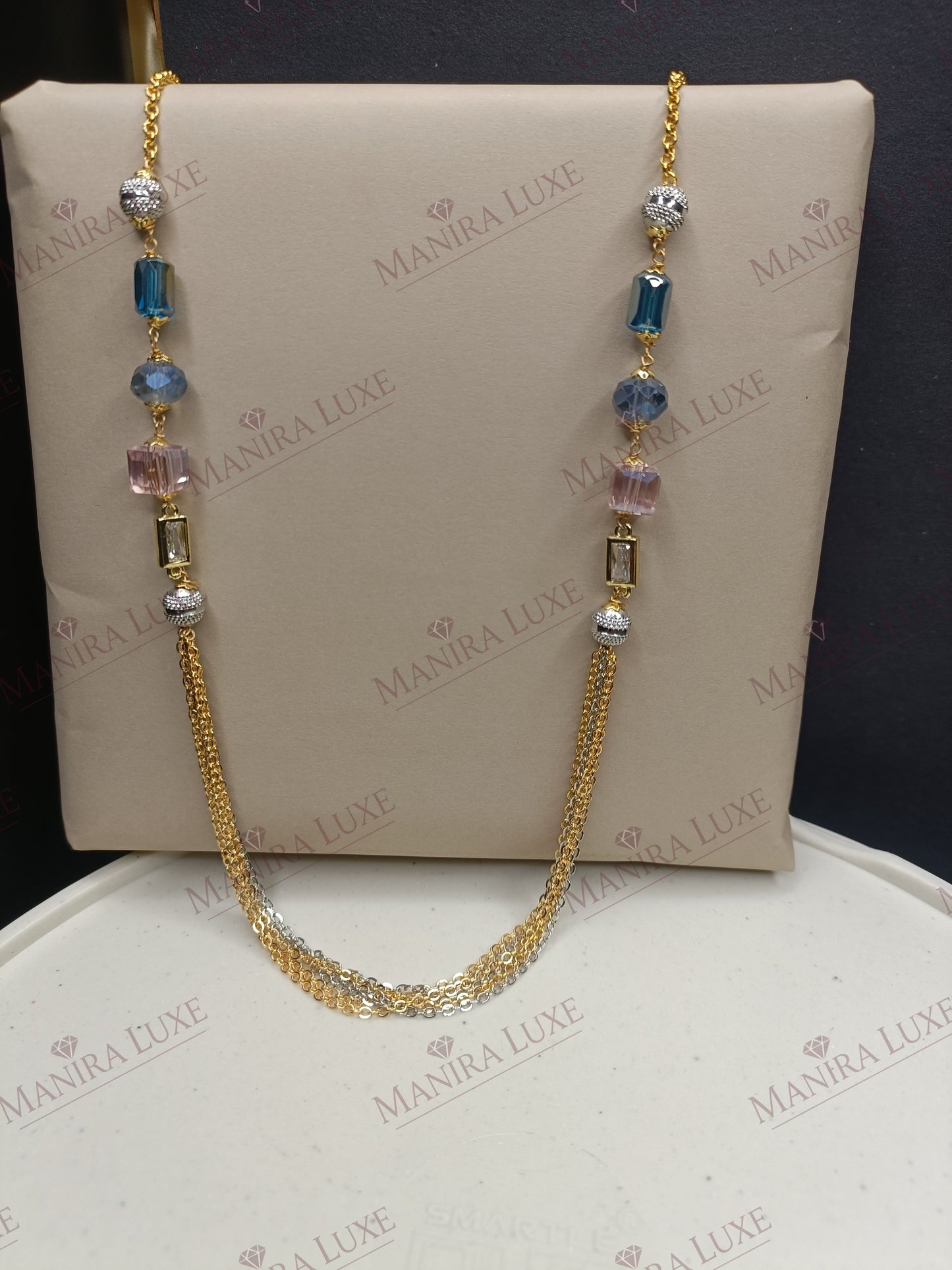 CELESTIAL TASSEL LARIAT COMBO SET GOLD EARRINGS & DUAL CHAIN NECKLACE