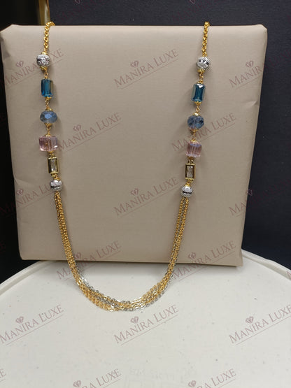 CELESTIAL TASSEL LARIAT COMBO SET GOLD EARRINGS & DUAL CHAIN NECKLACE
