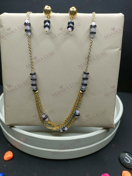 THE ECLIPSE COMBO SET GOLD EARRINGS & DUAL CHAIN NECKLACE