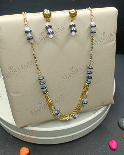 THE ECLIPSE COMBO SET GOLD EARRINGS & DUAL CHAIN NECKLACE