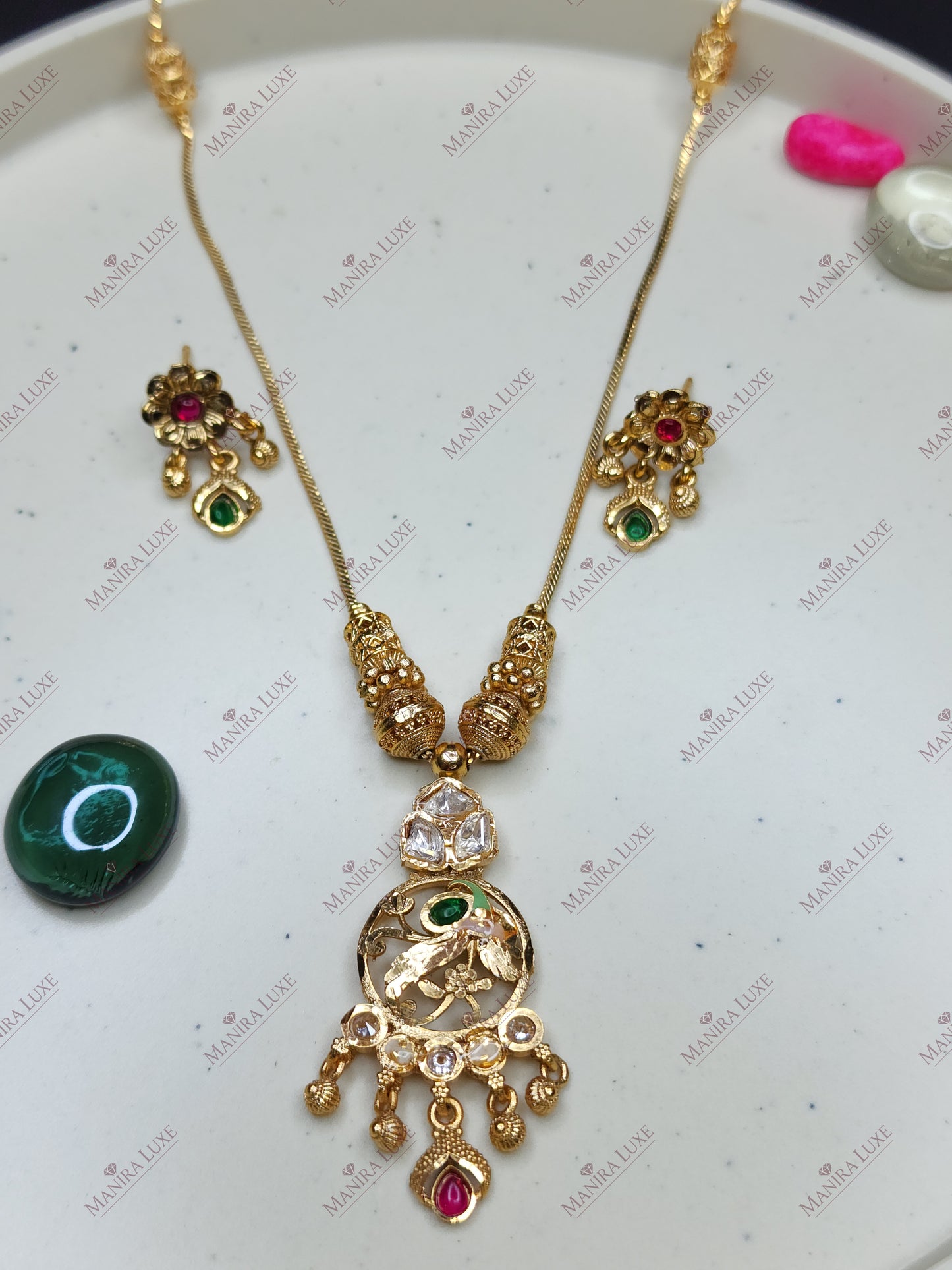 KEMPU JADAU FLORAL BRASS GOLD NEW HERITAGE LOOK NECKLACE & EARRING SET