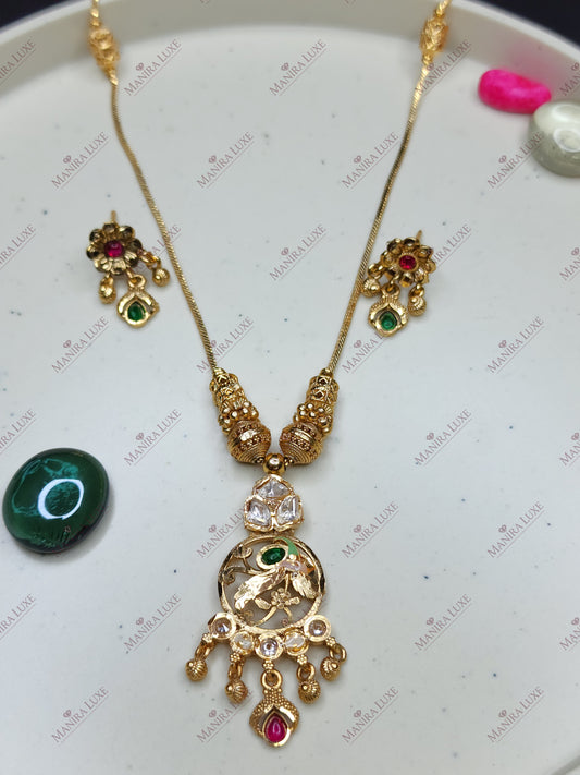 KEMPU JADAU FLORAL BRASS GOLD NEW HERITAGE LOOK NECKLACE & EARRING SET