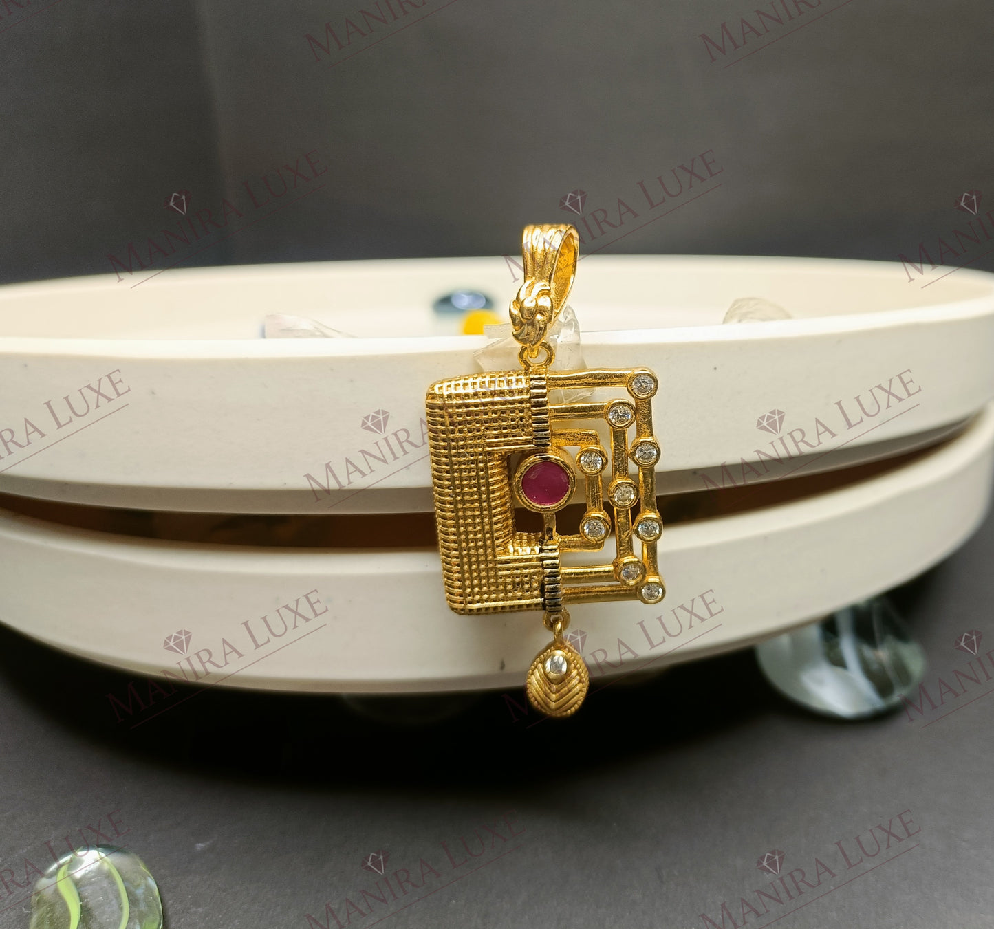THE AZTEC RUBY BRASS GOLD PENDANT & EARRING SET