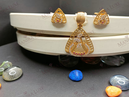 RUBY TEARDROP LATTICE ROSE GOLD PENDANT & EARRING SET