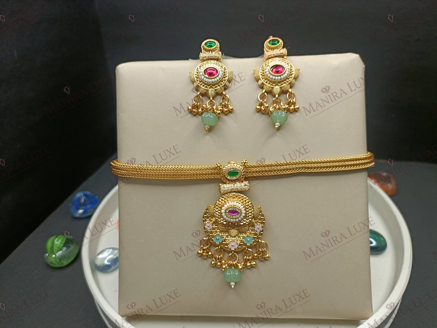 MEENAKARI FLORAL HASADI GOLD CHOKER STYLE NECKLACE & EARRING SET