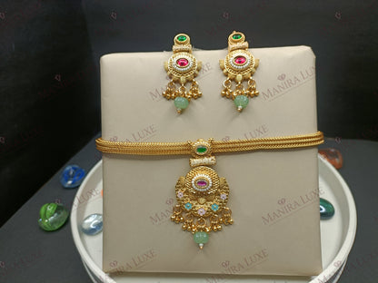 MEENAKARI FLORAL HASADI GOLD CHOKER STYLE NECKLACE & EARRING SET