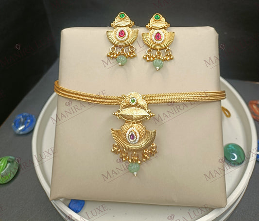 RUBY EMERALD RADIANCE GOLD CHOKER STYLE NECKLACE & EARRING SET