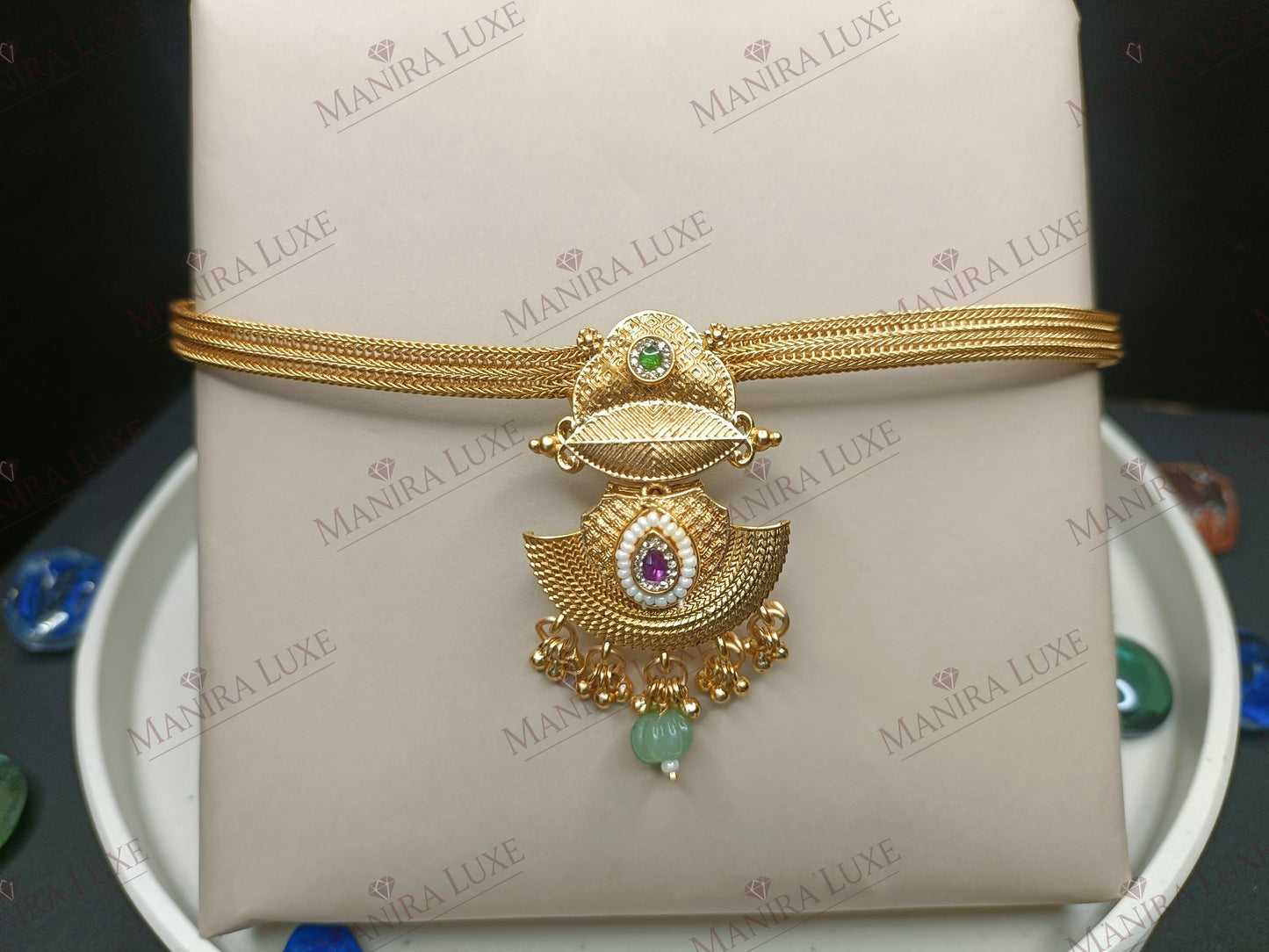 RUBY EMERALD RADIANCE GOLD CHOKER STYLE NECKLACE & EARRING SET