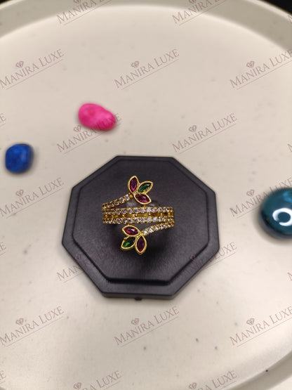 EMERALD RUBY LEAF BAND GOLD RING