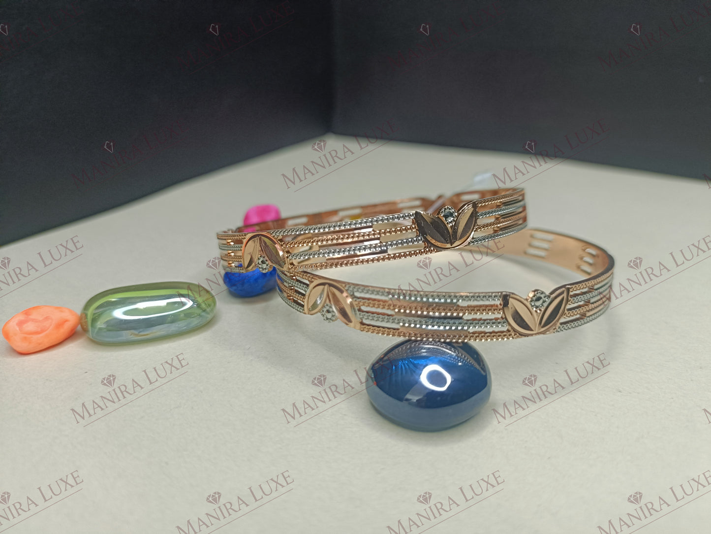 DUAL TONE LEAFY CNC CARVED ROSE GOLD BANGLES