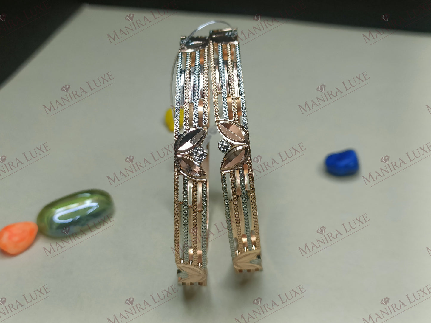 DUAL TONE LEAFY CNC CARVED ROSE GOLD BANGLES