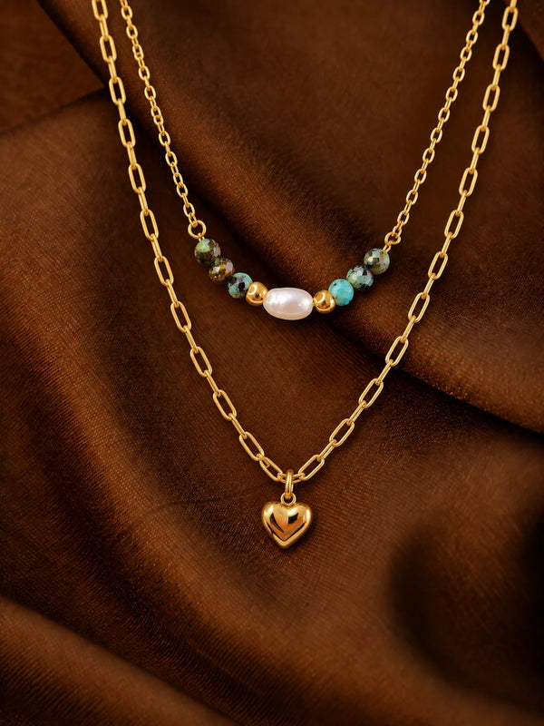 Layered Gold Necklace with Pearl and Heart