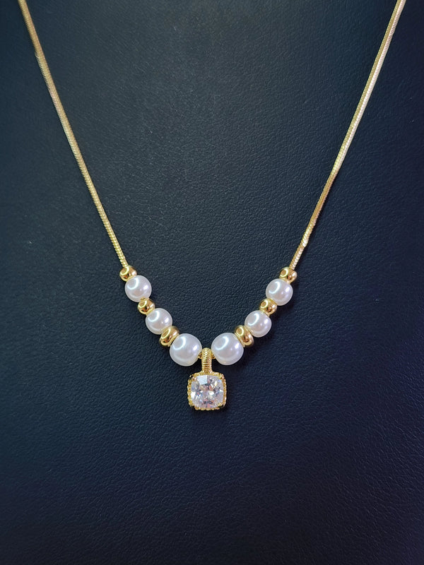 Gold Pearl Necklace with Cushion Gemstone