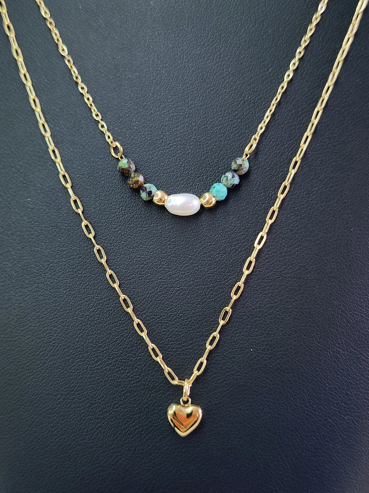 Layered Gold Necklace with Pearl and Heart