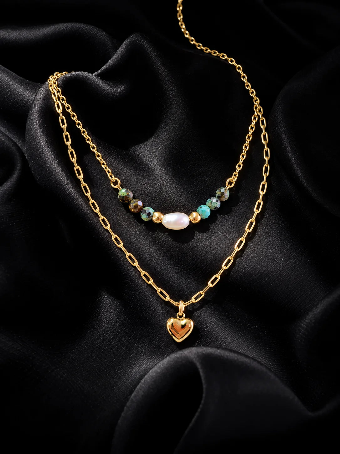 Layered Gold Necklace with Pearl and Heart